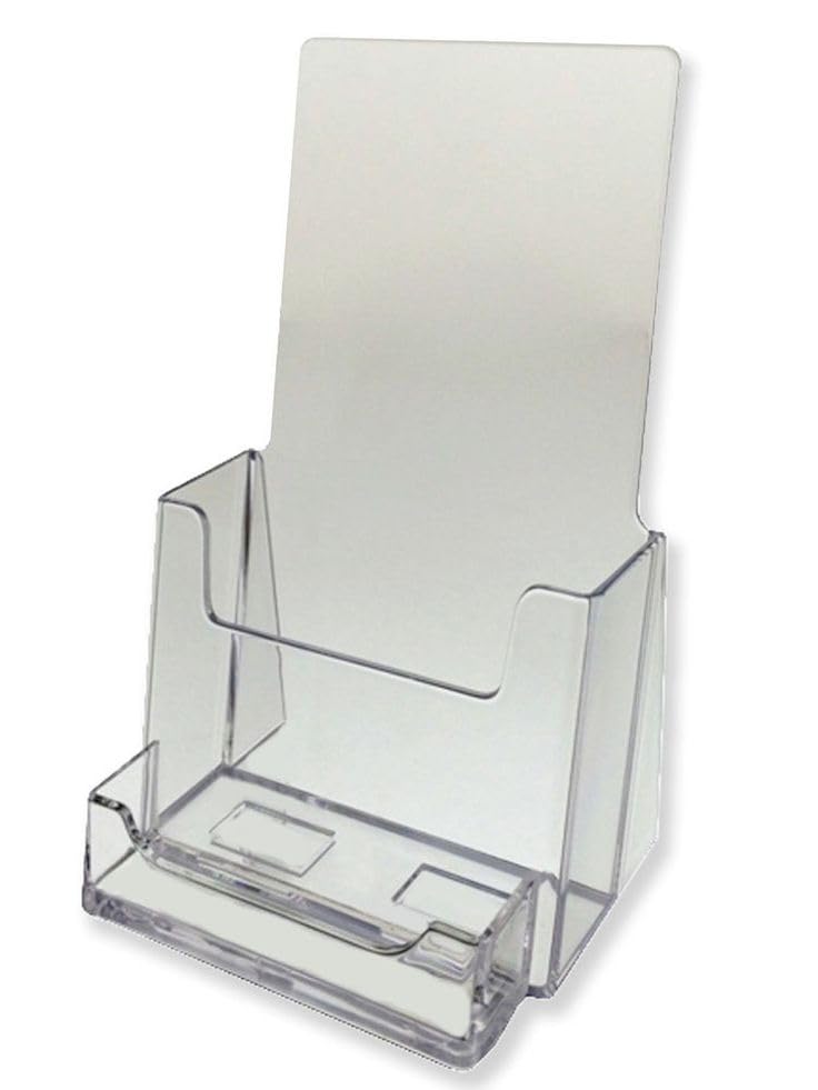 Dazzling Displays Clear 4 x 9 Tri-Fold Brochure Holder with Attached Business Card Holder, Countertop Display Stand, Literature Holder for Efficient