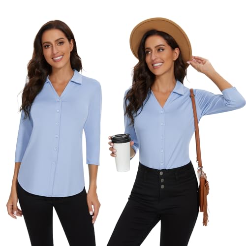 Image of Soneven Womens Golf Polo Shirts 3 /4 Long Sleeve V Neck Button Down Shirts Business Causal Work Blouses Tops