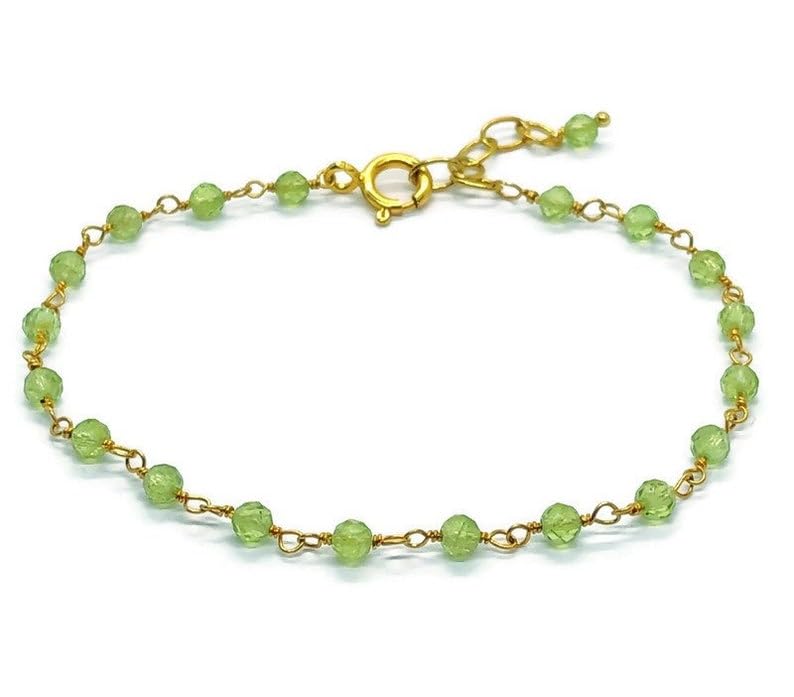 Pulsera de peridoto verde para hombre y mujer con cuentas redondas de 3 mm chapada en oro 2
