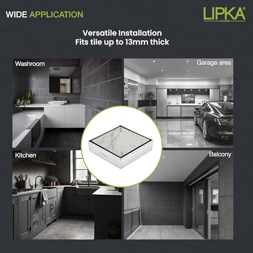 Image of Lipka Tile Insert Floor Drain | 5 x 5 Inches | Premium Grade Stainless Steel Invisible Shower Drain Channel | Waste Water Floor Drain for 13mm Tile with Cockroach Trap | Square Tile Insert Floor Drain