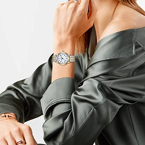 Boshiya Women's Watches Stainless Steel Stretch Band Two Tone Gold Silver, Analog Quartz Waterproof Casual Simple Expansion Band Wristwatch For Women Ladies #TOP1