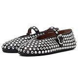 MICIFA Rhinestone Ballet Flats for Women, Sparkly Crystals Ballerina Shoes Buckle Strap Mary Jane Flats Round Toe Casual Dress Shoes Black