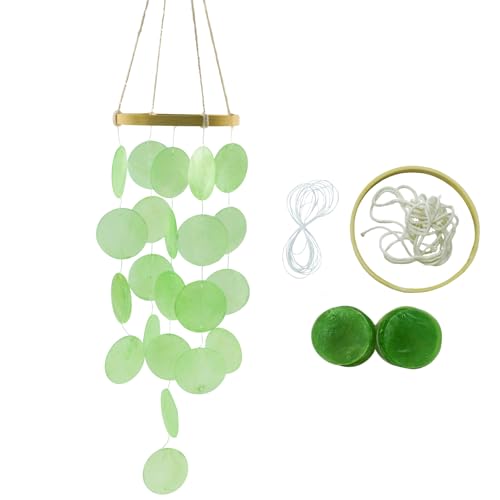Wind Chimes Making Supplies Kits for Adults Arts and Crafts-DIY Wind Chime Parts with Twine String Bamboo Hoops Round Capiz Shells Fishing Line for Christmas Thanksgiving Gifts(Green)