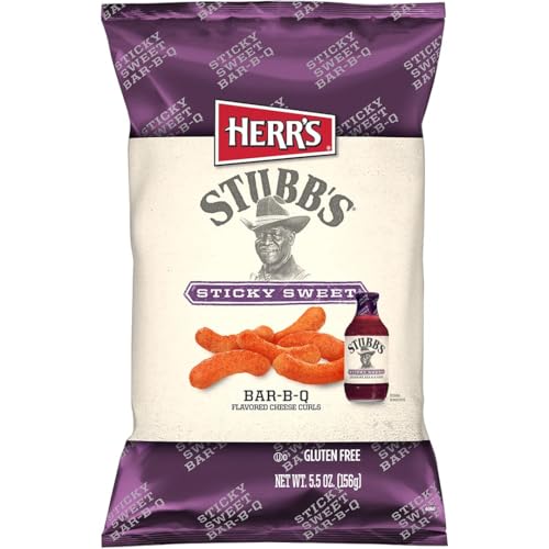 Herr's Stubb's Sticky Sweet BAR-B-Q Cheese Curls, 5.5 Ounce (Pack of 12 Bags) – Sweet and Smoky BBQ Cheese Curls Inspired by Stubb's – Perfect for Cookouts and Game Days