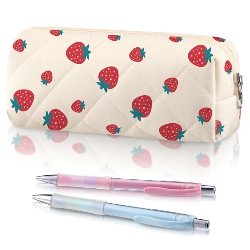 Sherr Estojo de lápis de morango, bolsa de lápis de frutas fofas, bolsa de armazenamento acolchoada de algodão macio, estampa estética, bolsa de maquiagem, bolsa de viagem para cosméticos para