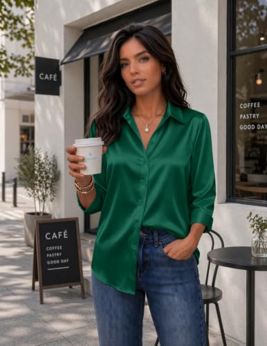 Image of Zeagoo Womens Satin Blouses Button Down Shirts 3 /4 Sleeve Dressy Tops S-2XL