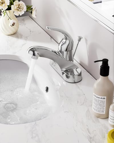 WOWOW Bathroom Faucet 1 Handle Low Arc Single Handle 4 inch Centerset Bathroom Sink Faucet with Lift Rod Drain Assembly Basin Mixer Tap Chrome Vanity Taps - Image 3