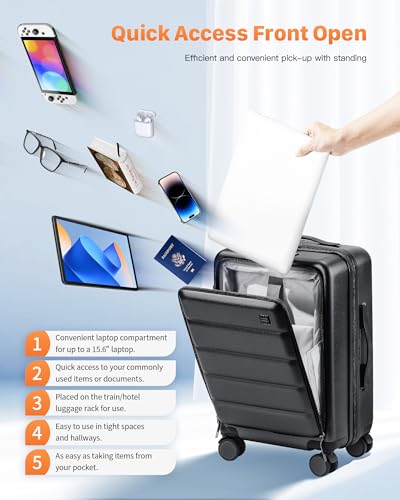 Grey Carry on 20IN + Black Check In 20IN Expandable Luggages,Front Pocket Hardside Travel Suitcase Unbreakable -with Cup Holder,USB Charge,Side Pothook, 360°Spinner Wheels, TSA Lock4