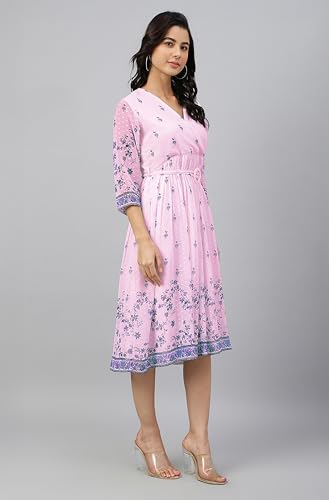 Image of Janasya Women's Dobby Georgette Floral Printed Fit & Flare Dress