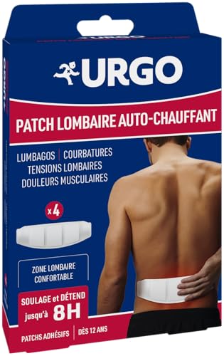 Urgo - Patch auto-chauffant lombaires x4 unités - Soulage les douleurs du dos de type contractions musculaires jusqu'à 8h - Doux et agréable