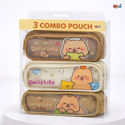 Image of Daily Life Cartoon Bear Pencil Pouch 3 Combo Set, Transparent Window Double Zipper Pen Case, Large Capacity Canvas Organizer for School, Kids, Teens & Office