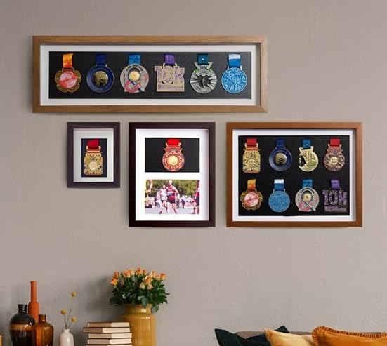 Duża ramka wyświetlacza medalu, Ramka na medal z litego drewna Wielokolorowa ramka 4 medale 3D(Teak Color)