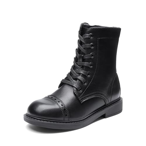 DREAM PAIRS Girls Boys Combat Ankle Boots Side Zipper Shoes with Lace Up for Toddler/Little Kid/Big Kid,Size 5 Big Kid,Black,KKUMAB2503