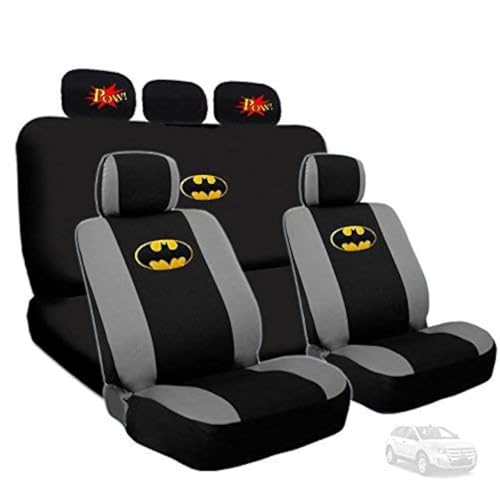 Deluxe Batman Car Seat Covers Steering Wheel Cover with 2 classic POW! logo Headrest Covers Bundled Gift Set