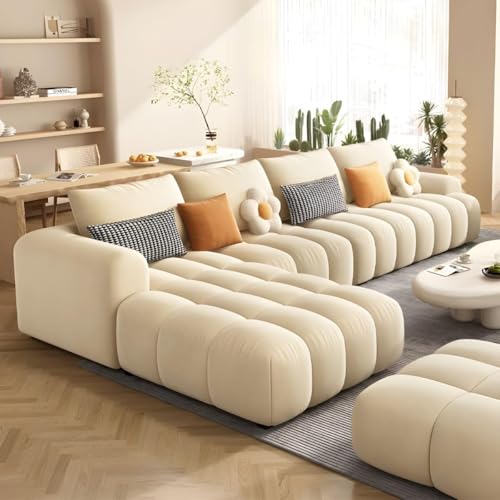Image of Modern Cloud Puffy Velvet Sofa Tufted Structure Round Arm L-Shaped Sofa Set Round Back with Throw Pillows for Living Room (Beige 2)