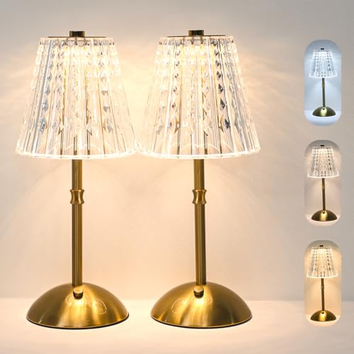 Gkeiten 2 Pack Touch Cordless Table Lamp Rechargeable, 3600mAh Battery Operated Small Crystal Lamp, 3 Color Dimmable Vintage Gold Table Light for Bedroom/Kitchen/Gift for Home Décor (Vintage)