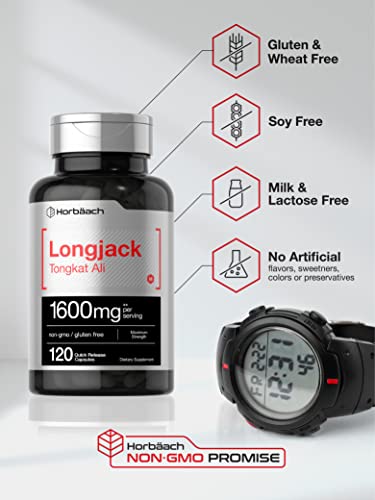 Horbäach Longjack Tongkat Ali for Men and Women | 120 Capsules | Extract Supplement | Maximum Strength Pills | Eurycoma Longifolia | Non-GMO and Gluten Free