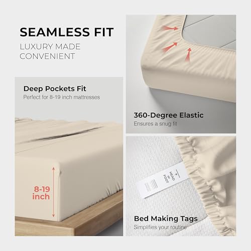 Image of THREAD SPREAD 100% Egyptian Cotton Sheets Queen Size - 1200 Series 4 PC Queen Sheet Set Egyptian Cotton, Sateen Weave Luxury Sheets Queen Size, High Thread Count Sheets, 17 inch Deep Pocket - Beige