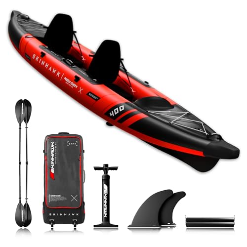 SKINHAWK Prestige Red Kajak Set 400 - Čamac na napuhavanje - Kanu - 400 x 96 cm - Kajak za 2 osobe (Set s veslom od fiberglasa)