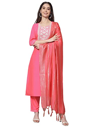 Image of VredeVogel Women's Chanderi Modal Butti Flare Kurta with Pant & Embroidered Chanderi Dupatta Set