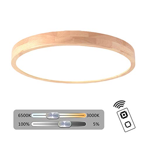 Plafonnier à LED Dimmable en Bois Contre la Fatigue Visuelle Lampe Ronde à Télécommande