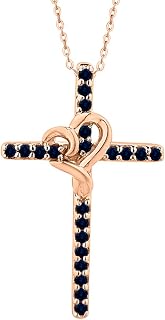 0.50Ct Round Cut Blue Sapphire Religious Cross Heart Pendant Necklace 18" Chain in 14k Gold Plated Sterling Silver Gift For Women