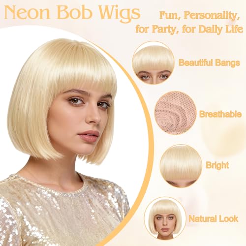 Image of MEEZY 2 Pcs Neon Bob Wigs with Bangs Black Blonde for Women, Colorful Fun Wig Short Bob Hair with Heart Sunglasses Hair Cap for Halloween Costume Cosplay Photography Birthday Bachelorette Party