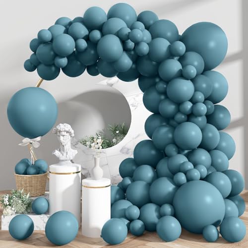 Image of Jobkoo Blue Balloons 113Pcs, Dusty Balloon Arch Garland Kit Different Sizes, 5 10 12 18inch Matte Retro Slate Fog Latex Helium for Boho Birthday Wedding Baby Shower Party Decorations QQ-113