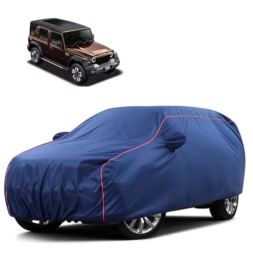 Image of Sulfar 100% Water Resistant Car Body Cover Compatible with Mirror for Mahindra Thar Roxx (Triple Stitched, Full Bottom Elastic, Blue Tafetta with Red Piping)