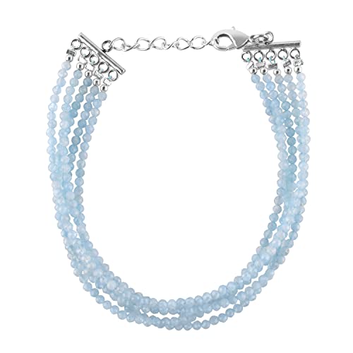 Zembience Natural Aquamarine Gemstone Layered Bracelet, Micro Faceted Beads 5 Strand, Healing Crystals, Silver Plated, Adjustable, Minimalist, Women Jewelry, March Birthday, Christmas Gift, 8" #TOP7