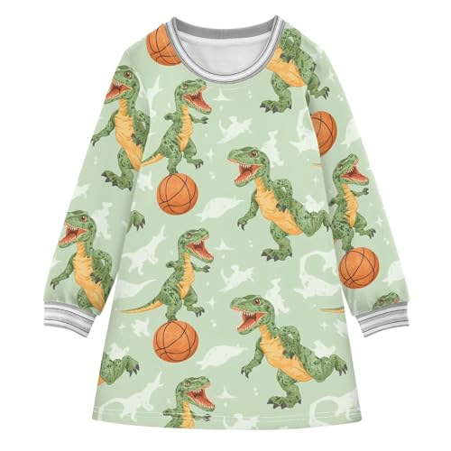 Dino Basketball Girls Dresses Long Sleeve Sweatshirt Dress for Girls Winter Toddler Casual A Line Dresses Size 2-8T