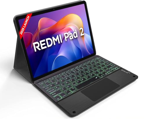 Image of HOM Tri Fold 7-Colour Backlight Detachable Wireless Bluetooth Keyboard with Trackpad /Touchpad & Tablet Cover Case for Xiaomi Redmi Pad 2 11 inch Tablet