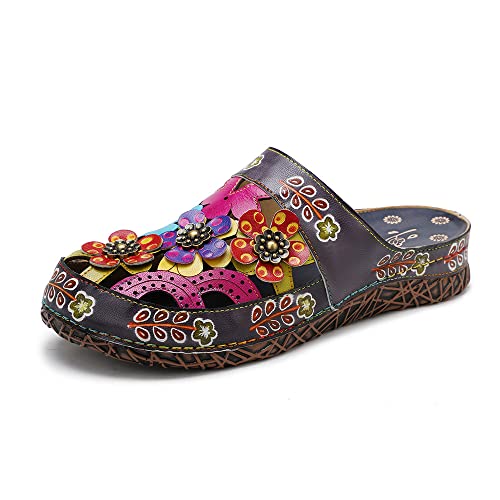 eimeinuosy Socofy Women's Clogs Leather Sandals Summer Leather Slippers Slip on Mules Shoes Anti Slip Closed Toed Handmade Flower Backless Comfort Breathable Walking Slippers