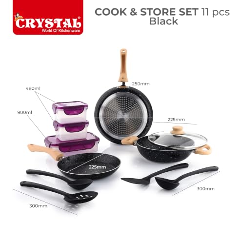 Image of Crystal Aluminum 11 Pcs Non Stick Cookware Set with Induction Bottom | Tawa, Fry Pan, Kadhai with Lid, 4 Serving Spoons, 3 Containers | 4 Layer Non Stick Coating | PFOA Free | Black