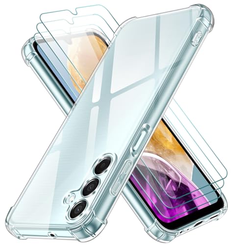 ivoler 4 in 1 Klar Hülle für Samsung Galaxy M15 5G, 1 Handyhülle mit 3 Stück Panzer Schutz Glas, Transparent Stoßfest Schutzhülle Dünne Weiche TPU Silikon Durchsichtige Kratzfest Hülle