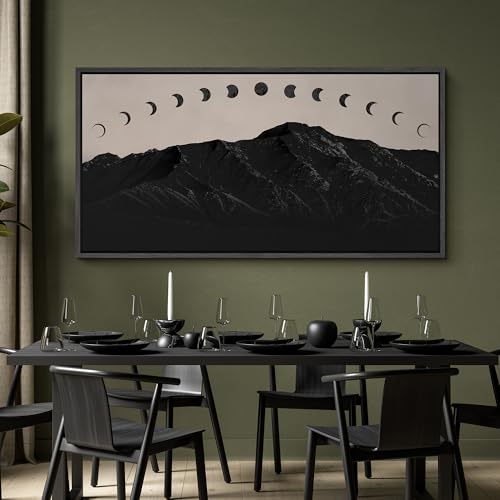 Image of MUDECOR Extra Large Framed Canvas Print Wall Art Black Mountain Silhouette with Moon Phases Minimalist Antique Retro Ready to Hang Painting for Living Room Bedroom Multi-Sizes - 60 inchx30 inch