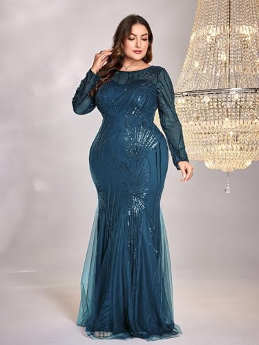 Image of Plus Size Long Sleeve Sequin Evening Dress Glitter Mermaid Long Gown for Mother of The Bride Or Wedding Guest