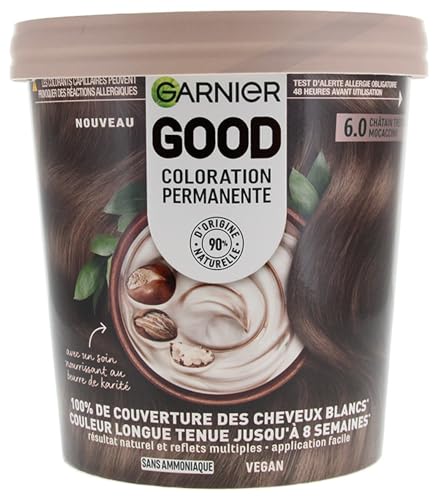 Garnier - Tinte permanente para el cabello – Sin amoniaco – 90% ingredientes de origen natural – Manteca de karité – 100% cobertura para cabello blanco – GOOD Marrón claro Mocaccino 6.0