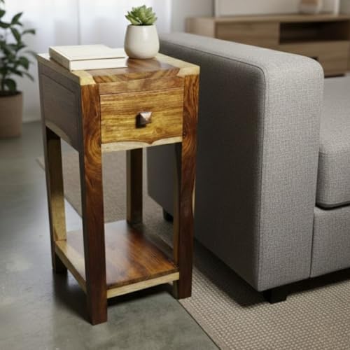 Image of Wood Bedside End Table | Side Table with A Drawer for Home Decor | Living Room | Single Table in Brown