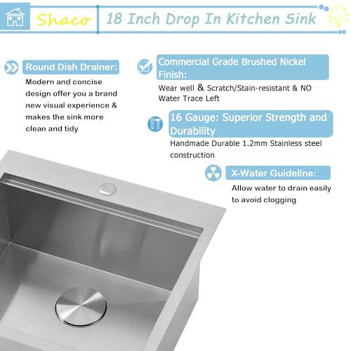Image of SHACO 18x18 Inch Drop In Bar Sink,18 Inch Small Kitchen Sink,Stainless Steel 16 Gauge Single Bowl Outdoor Laundry Prep RV Sink with Strainer Drain, Brushed Nickel