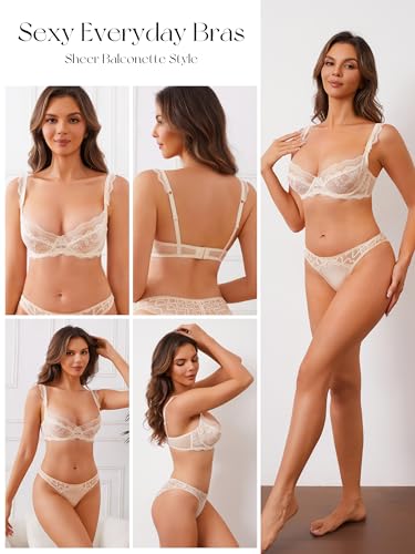 Image of Lace Bra Bralette Push Up Unlined Demi Bras Sheer Mesh Balconette with Underwire