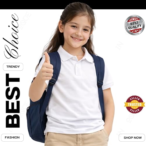 Image of Kids Girls Polo T-Shirt | Half Sleeves | 100% Organic Cotton Rich Bio-Wash Fabric | Ultra Soft & Breathable | Regular Fit | Plain Solid Color Casual Wear & School Uniform