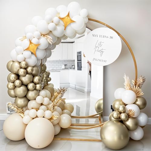 Image of Cream White Gold Balloon Arch Kit, Beige Balloon Garland for Baby Shower | Nude beige, cream white and champagne gold balloons with clear and star foil accents for boho birthday, shower and wedding
