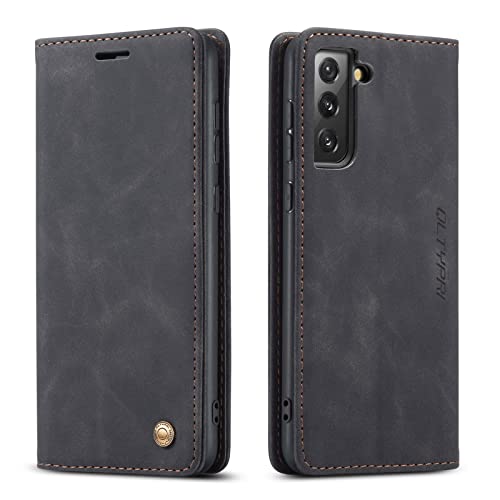 QLTYPRI Case for Samsung Galaxy S21 5G, Vintage PU Leather Wallet Case Card Slot Kickstand Magnetic Closure Shockproof Flip Folio Case Cover for Samsung Galaxy S21 - Black