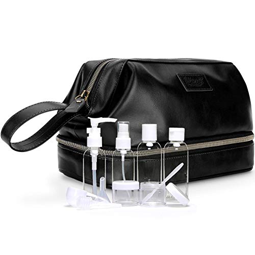 Bolsa de aseo grande para hombre de piel, accesorio de viaje perfecto o regalo, incluye 6 botellas recargables de tamaño TSA en bolsa transparente (negro) Cover