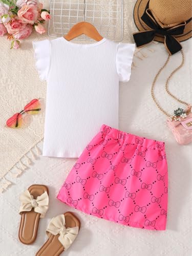 Image of Azmxynol Toddler Girls Clothes Cap Sleeve T-Shirt + Bowknot Print 2pcs Summer Shorts Outfit Set For Girls, Size 4-8 Years