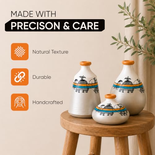 Image of Aakriti Art Creations Mystic Madhubani Vessel Set of 3 | Grey Terracotta Flower Vases | Matte Finish Decorative Vases for Living Room, Table Decor & Gifting