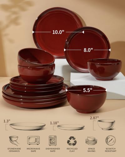 Image of Pokini Stoneware Dinnerware Sets for 4, 12pcs Plates and Bowls Sets Dishes | Reactive Glaze Ceramic Dish Set, Microwave & Dishwasher Safe, Highly Chip and Crack Resistant Dishware sets, Terracotta Red