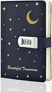 Lirener PU Leather Diary with Combination Lock(Moon and Star Pattern), A5 Secret Password Notebook Journal Digital Locking Diary Notepad Handbook Sketchbook Daily Planner Agenda, 150x220mm