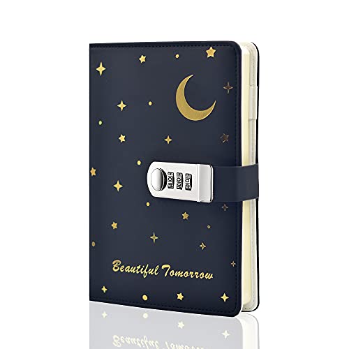 Lirener Creativo PU Notebook Código Libro con la Cerradura(Luna y Estrella), A5 Password Notebook Contraseña Bloc de Notas Secret Diary Sketchbook Organizador con Cerradura de Combinación, 150x220mm Cover